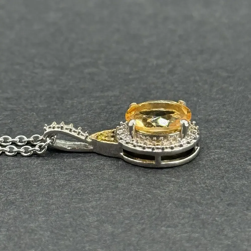 Signed STS 925 Sterling Silver Yellow Citrine Halo Pendant Necklace & Stud Earri